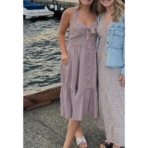 ANTHROPOLOGIE Maeve Halter Bow-Front Midi Dress in Brown Gingham Size X-Small